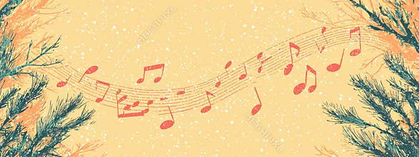 Futuristic yellow background with music notes and winter patterns