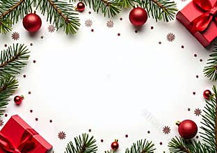 Christmas Frame with Green Branches, Red Ornaments and Gold Banded Gift on Minimalist White Background