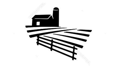 Field with barn and silo tower, graphic animation. Alpha channel. Black