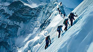 Group of people are climbing a mountain