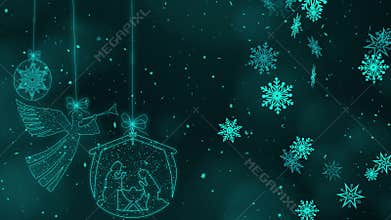 Christmas decoration on turquoise background with snow and flakes