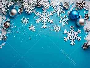 Snow Ornaments and Fir Twigs on a Blue Background for Elegant Christmas Decorations