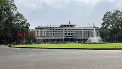 Frontal perspective of Independence Palace or Reunification Palace Dinh Doc Lap is designed a main public landmark in