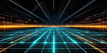 Arrangement of futuristic blue hi tech background with tech style display screen and grid line pattern.