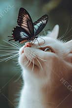 A white cat with a butterfly on its nose