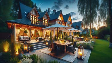 upscale outdoor patio with stylish lighting and inviting garden design.