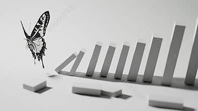 A hyper-realistic depiction of the butterfly effect, showing the precise moment a delicate butterfly initiates a domino chain