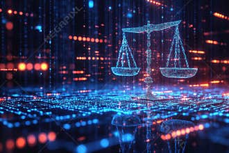 A digital representation of balanced scales symbolizing justice in a futuristic cityscape
