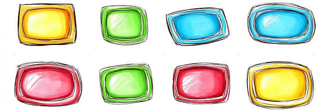 A set of colorful hand-drawn doodle frames in box, square, rectangle, and circle shapes. Brush pen strokes and scribble
