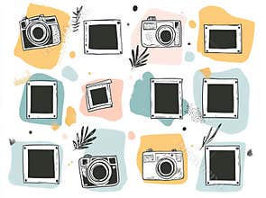 A collection of hand-drawn paper stickers, photo frames, and picture borders in a doodle sketch style, with square and