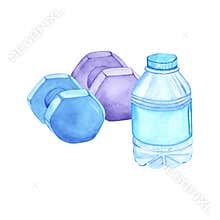 Watercolor illustration of a water bottle and weights. The drawing is done by hand. Elements on a transparent background