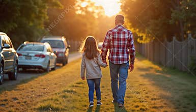 Happy family walks together at sunset. Father, daughter hold hands on grassy path near parked cars. Warm sunlight bathes scene.