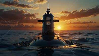 Submarine rising from the depths against a stunning sunset backdrop