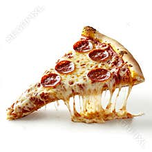 A single pepperoni pizza slice with cheese pull, isolated on a white background, showcasing a