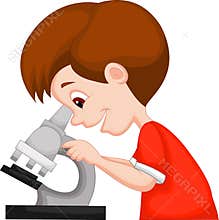 Young boy cartoon using microscope