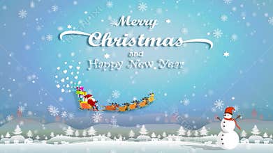 Santa claus and Reindeers with snowman and Festive boxes of Christmas present.