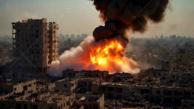 Gaza city burning, war and destruction in Palestine