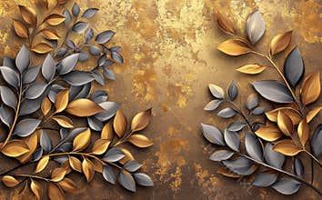 This 3D classic wallpaper features golden branches and tree leaves in a drawing on a brown background.