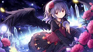 Cute anime girl with black wings and purple hair, in whimsical garden with pink roses, aesthetic anime wallpaper in neo