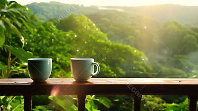 Two cups of aromatic hot coffee on the railing of the balcony of a house in a summer forest.