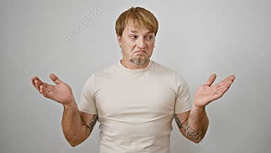 Portrait of a confused caucasian man with beard and tattoos in a white shirt against a gray background showing uncertainty with