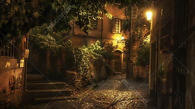 Generative AI Night view of old cozy street in Trastevere in Rome Italy Trastevere is rione of Rome on the west ba
