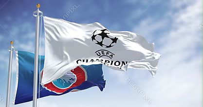 UEFA and UEFA Champions league flag waving together