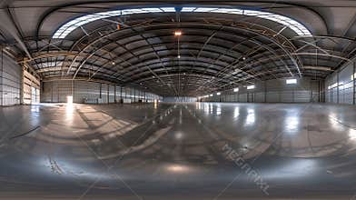 Generative AI full seamless spherical hdri panorama 360 degrees in interior of large empty room as warehouse or ha