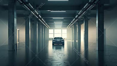 Generative AI Warehouse empty dark car showroom 3D rendering business concept.