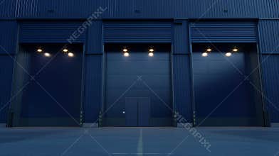 Generative AI Facade of a modern navy blue warehouse business concept.