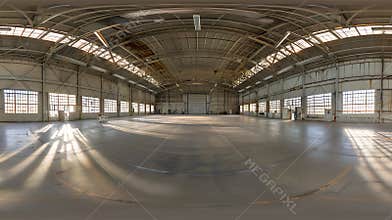 Generative AI full seamless spherical hdri panorama 360 degrees in interior of large empty room as warehouse or ha