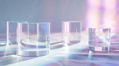Generative AI ACRYLIC CYLINDERS SOLID TRANSPARENT BLOCKS SHOT with HARD LIGHT DEEP SHADOWS and BRIGHT LIGHT REFRAC