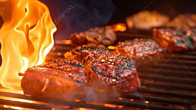 Beef steaks on barbecue grill with flames and smoke closeup, Closeup of barbecues cooking grilling on charcoal, top section