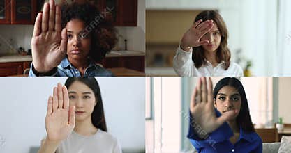 Women showing stop gesture to camera, collage view