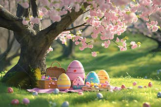 A playful Easter card concept with a group of colorful, cartoon-style Easter eggs having a picnic under a cherry blossom tree,