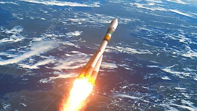 Cargo carrier rocket flies above the Earth