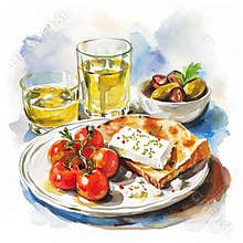 Greek food cartoon style watercolor illustration on white background