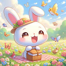 A cute kawaii rabbit in a flowery field, with picnic basket, surrounded by birds and butterflies, cartoon, digital painting, anime
