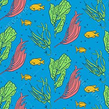 Flat seamless pattern with outline kelp and fish