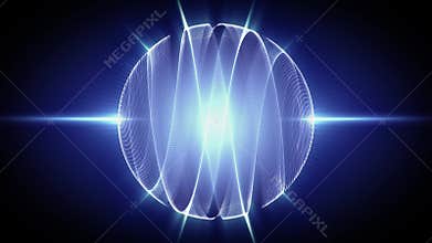Abstract energy structure in a shape of morphing blue sphere made of glowing lines with bright light rays on a shiny background
