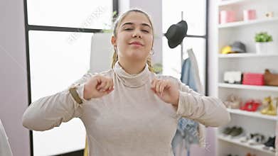 A young woman styles her hair in a modern wardrobe room filled with various clothing items and accessories