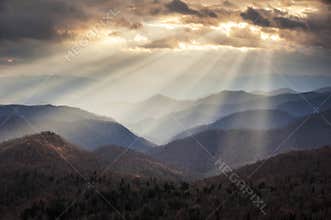 Appalachian Mountains Crepuscular Light Rays on Blue Ridge Parkway Ridges NC