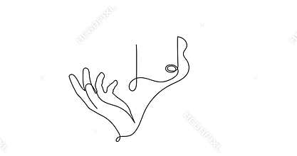 Hands hold musical treble clef and note one line art animation, hand drawn continuous contour motion.