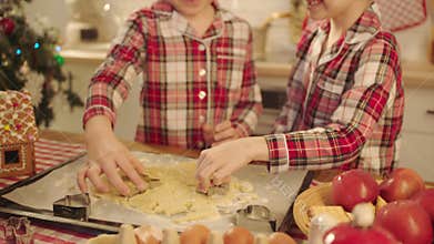 Cute boys making cookies form dough on Christmas Eve