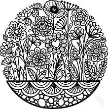 Beautiful abstract flowers inside circle shape for design element and adult coloring book pages