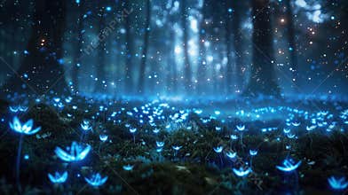 Enchanted Forest Glowing With Blue Lights