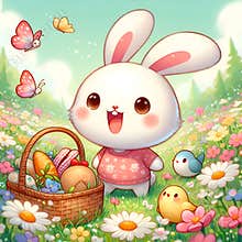 A cute kawaii rabbit with excited expression, in a field of flowers, with picnic basket, butterflies, cartoon, anime art, painting