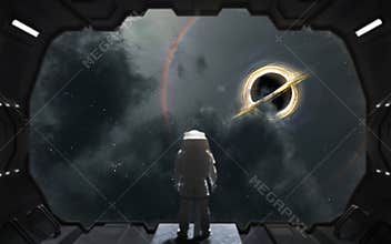 Astronaut looks at black hole and event horizon. 5K realistic science fiction art. Elements of image provided by Nasa