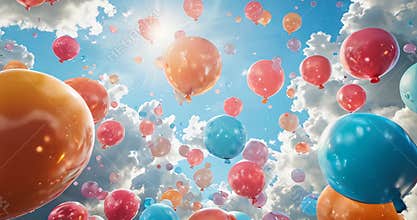 Colorful balloons float in a whimsical 3D dreamy sky, creating a light, playful background. 3d background abstract