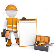 3d white man in overalls with checklists and tools